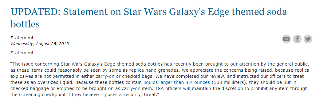 TSA Galaxys Edge Coke Ban Update