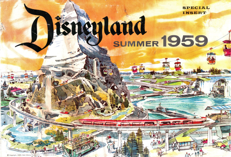 Disneyland 1959 Matterhorn, Skyway, Submarine Voyage on postcard style